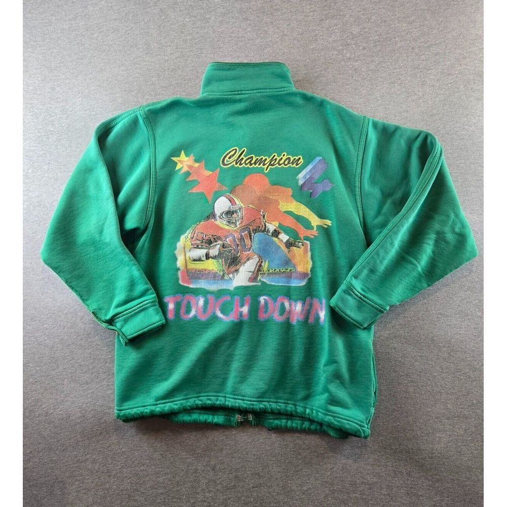 VTG 80's Mens Football Touchdown‎ Dbl Sided Full Zip Sweatshirt Size Large Green